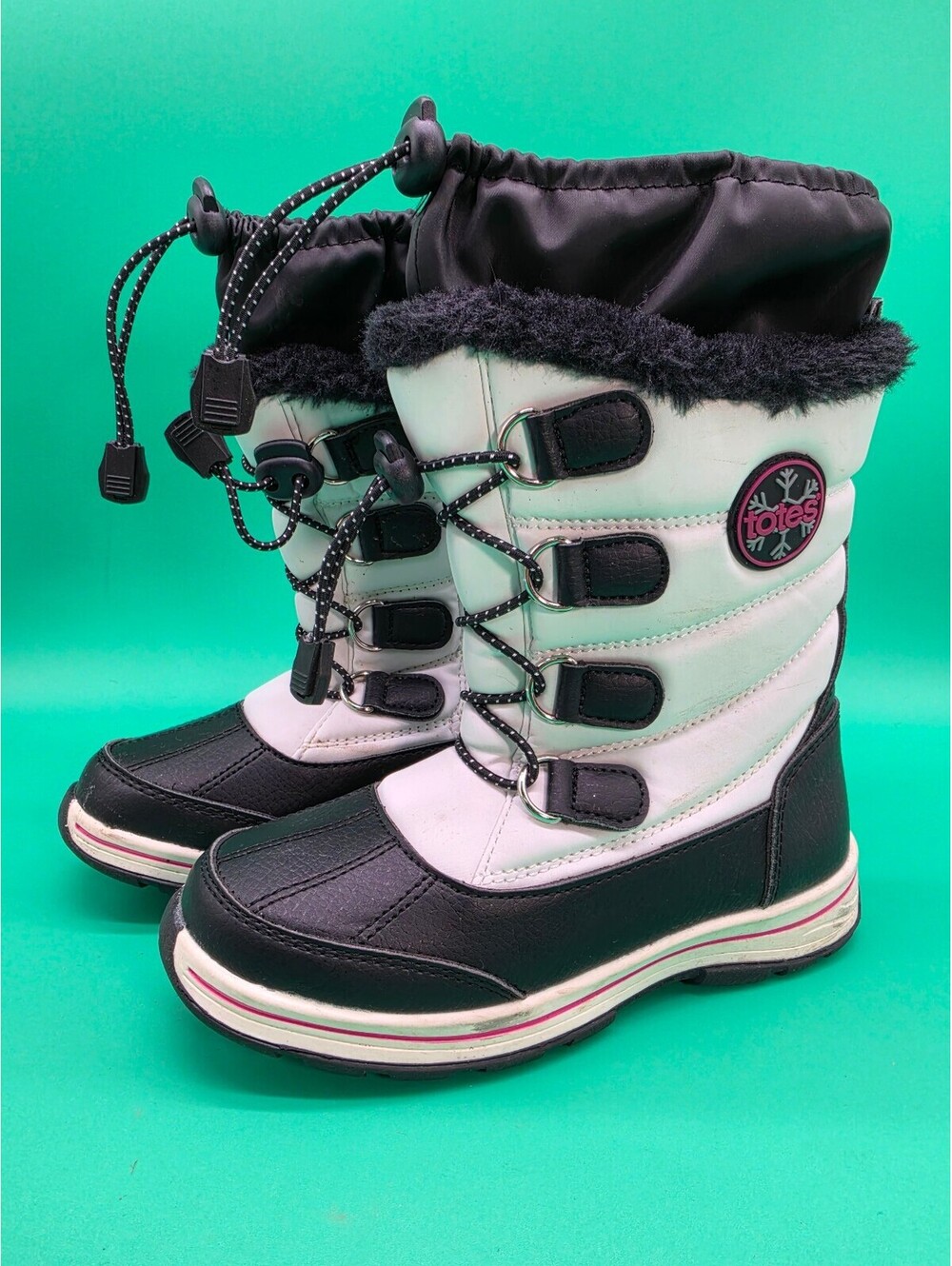 Totes Girls Winter Snow Boots Black White Faux Fur Drawstring Size 1 Medium